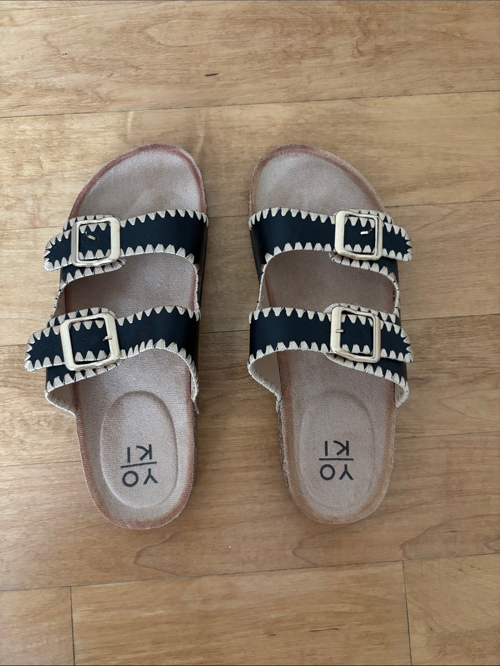 Yoki Black Slide Sandals with Cream Trim and Gold Buckles